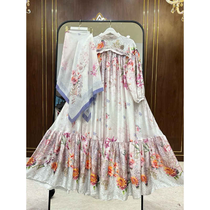 dress gamis ivory flower set hijab SS ori by SHELLASAUKIA