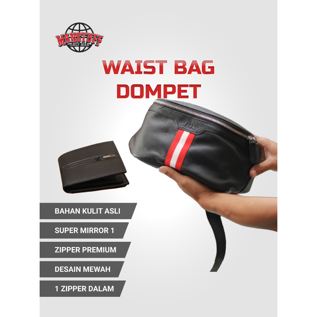 Paket Tas Pinggang Waistbag dan Dompet Pria Kulit Bally Mirror