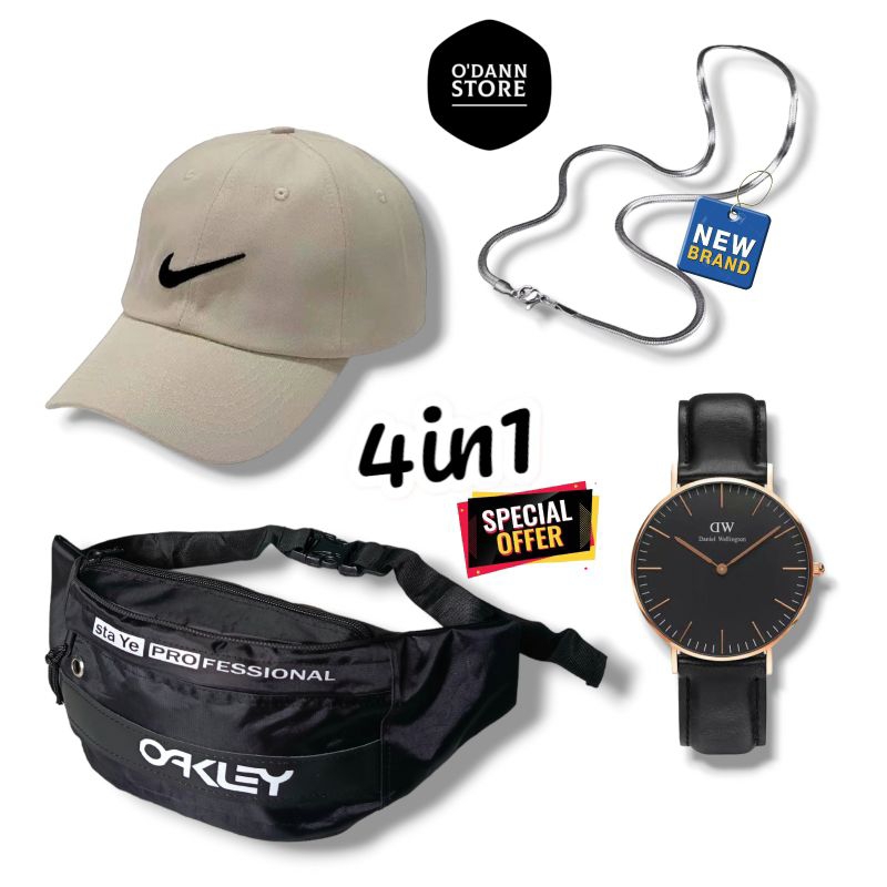 PAKET HIGH STYLE- WAISBAG TERBARU PRIA WANITA JAM TANGAN KULIT DW TOPI TRACKER KALUNG TITANIUM