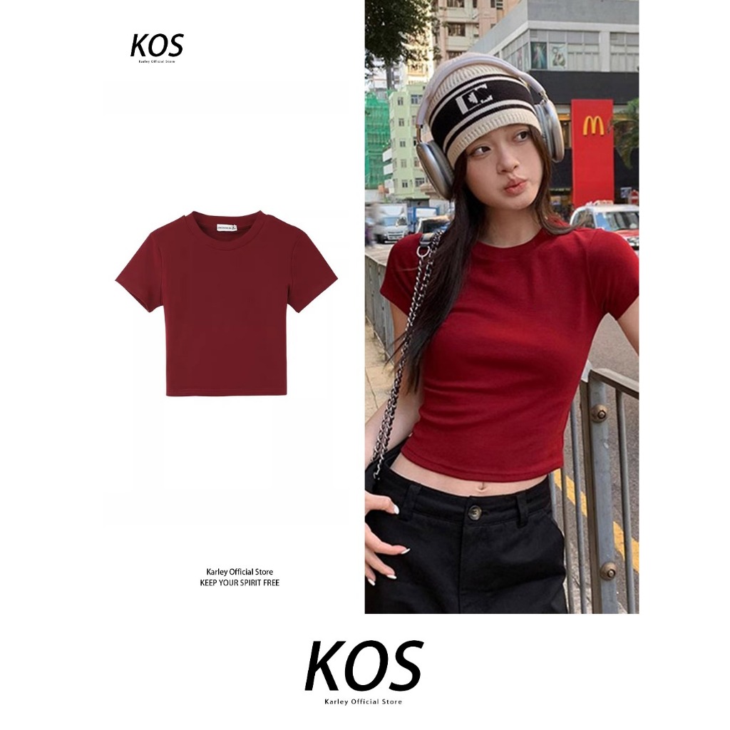Baju Merah Crop Top Polos Wanita/Kaos Crop Wanita Korea Style/T Shirt Lengan Pendek Y2K/Atasan Pas R