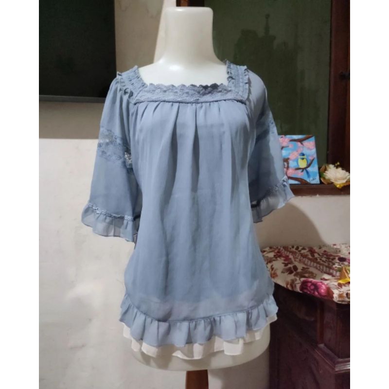 Axes Femme Blue Denim Blouse Top , Liz Lisa, Top Jepang, Kawaii Style Mori