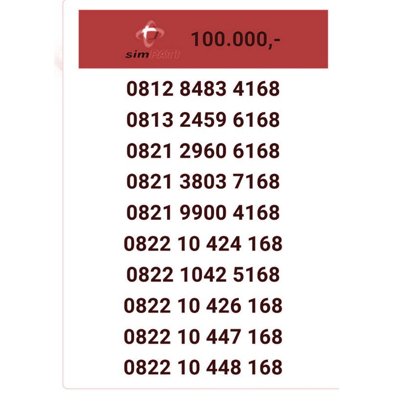 Nomor Nomor cantik simPATI telkomsel 4g 5g seri ilufa hoki 168 rvb034