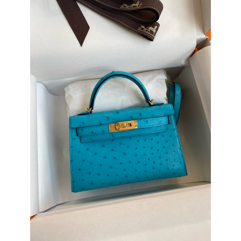 HM Ostrich Mini Kelly Bleu Bleuet GHW