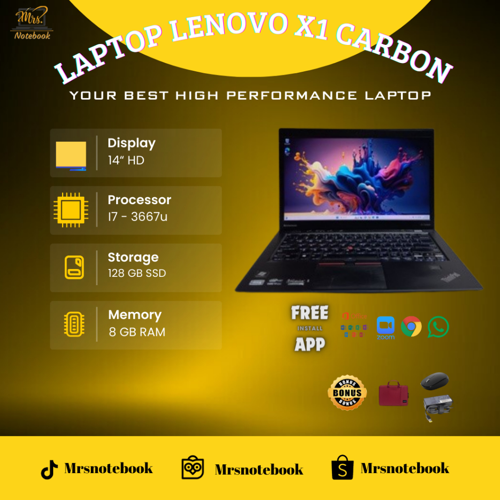 Laptop Lenovo X1 Carbon Core i7 Gen 3 Ram 8GB SSD 128GB Backlight Graphics 4000 Windows 10 pro - BER