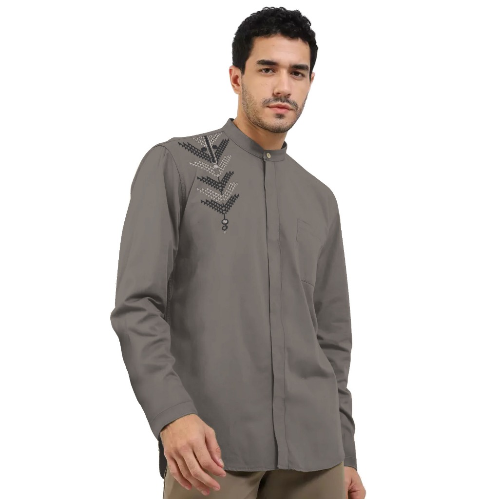Al Jabari - Baju Koko Pria Dewasa Lengan Panjang Lengan Pendek / Baju Muslim Pria Bordir Motif Simple Bahan Katun Mikro Premium-5