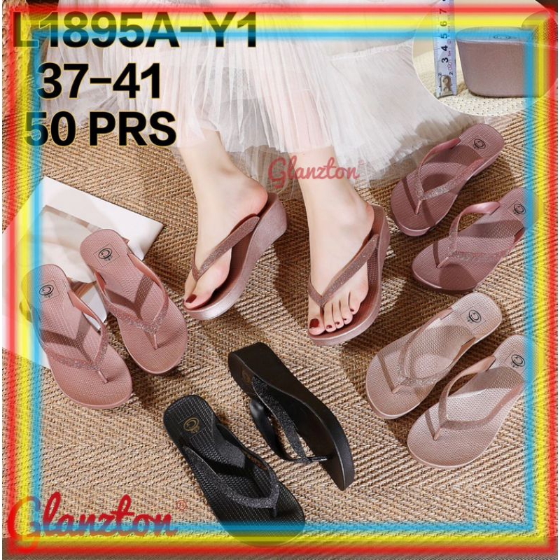 sandal jepit tinggi tebal wedges 7cm Glitter Sandal Jepit Karet Wanita Glanzton Japit Wedges Gliter-