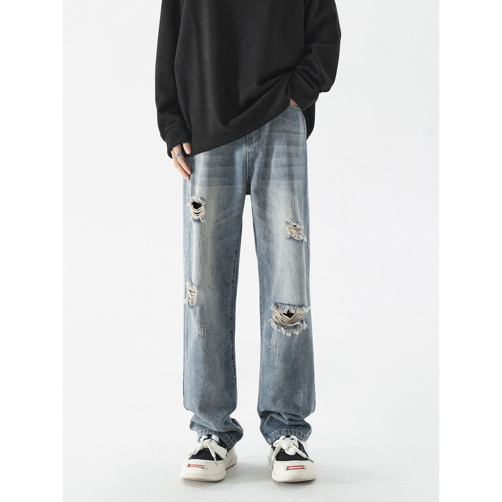 Celana Jeans Sobek Pria Celana Denim Panjang Robek Ripped Cowok Versi Korea Pants K501