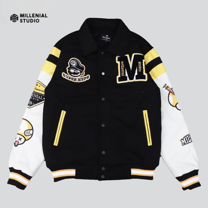 VARSITY JACKET SUPER HYPE BLACK | JAKET MARIO BROS VARSITY KERAH BORDIR PRIA WANITA ORIGINAL