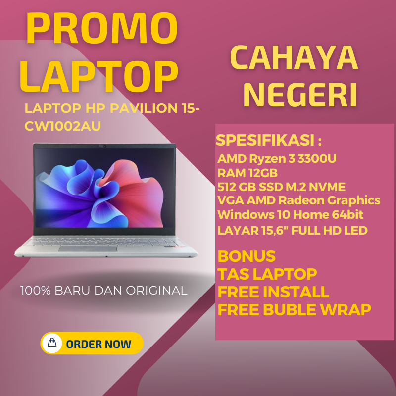 PROMO LAPTOP HP Pavilion 15-CW1002AU AMD Ryzen 3 RAM 12GB SSD 512GB windows 10 original free TAS