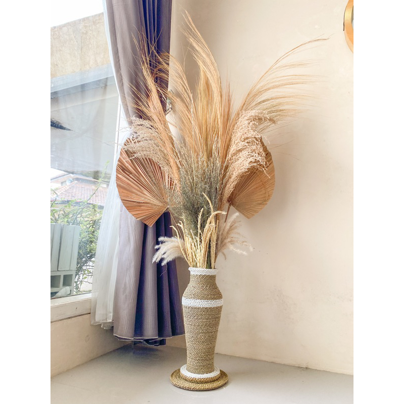 Paket Lengkap Bunga Kering + Pot Vas Guci 35cm Palem Kering+Pampas+Rayung+Ilalang+Dekorasi Rustic / 
