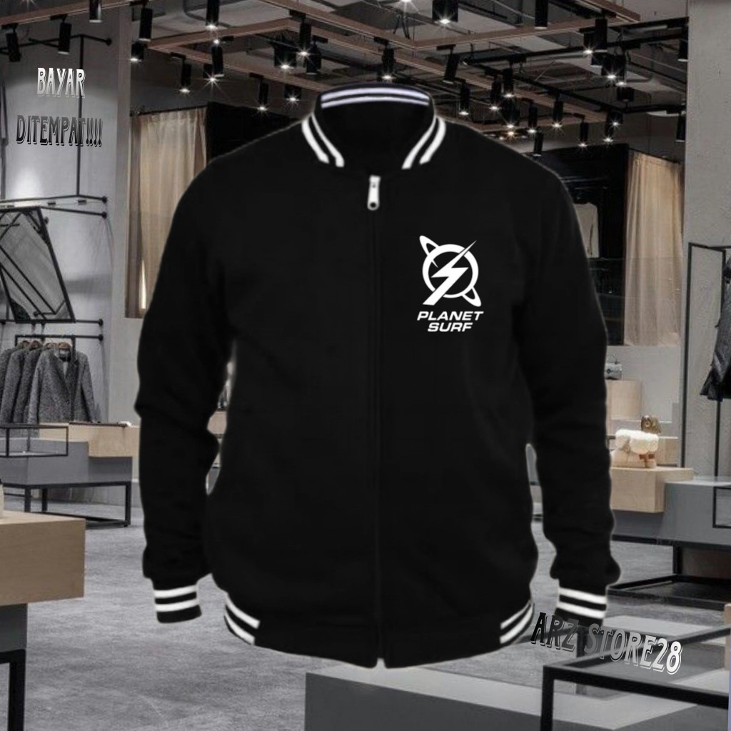 Terlaris  Free Jaket Varsity Resleting  Text Putih Planet Surf  Sweater Distro Terbaru Hoodie Termur