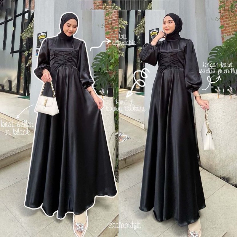 Amara dress satin / gamis satin premium / gamis tali terbaru