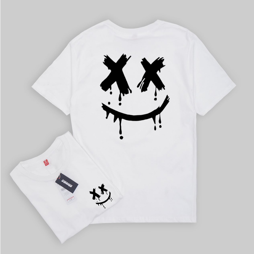 Zirdigo Kaos Distro Smile XX Black debe Lengan Pendek Print Quality Baju Pria-Putih