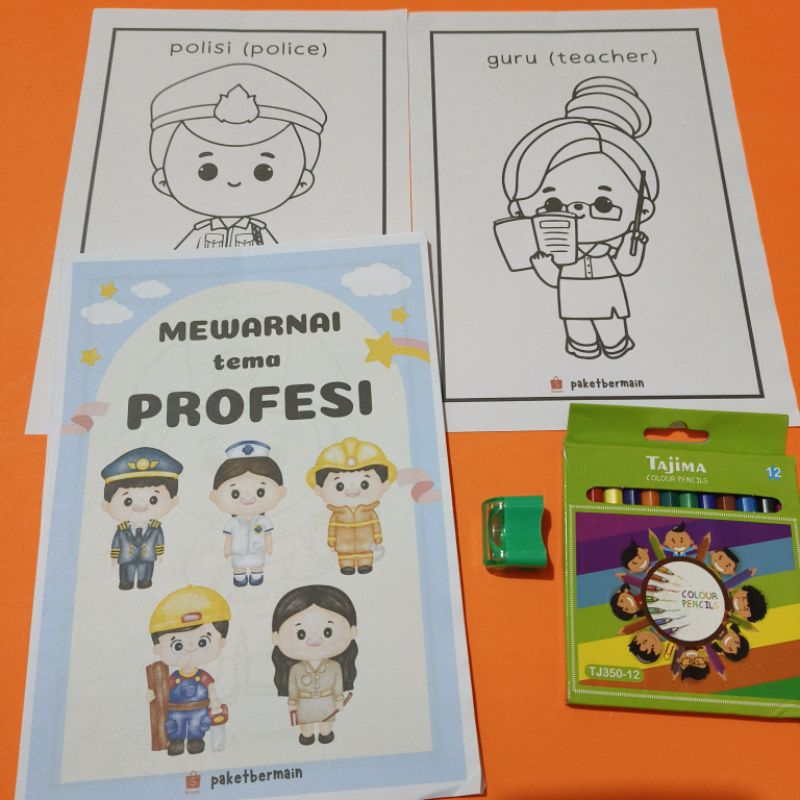 30 Lembar mewarnai profesi, Gratis Pensil Warna dan rautan, Lembar mewarnai anak TK, Lembar mewarnai