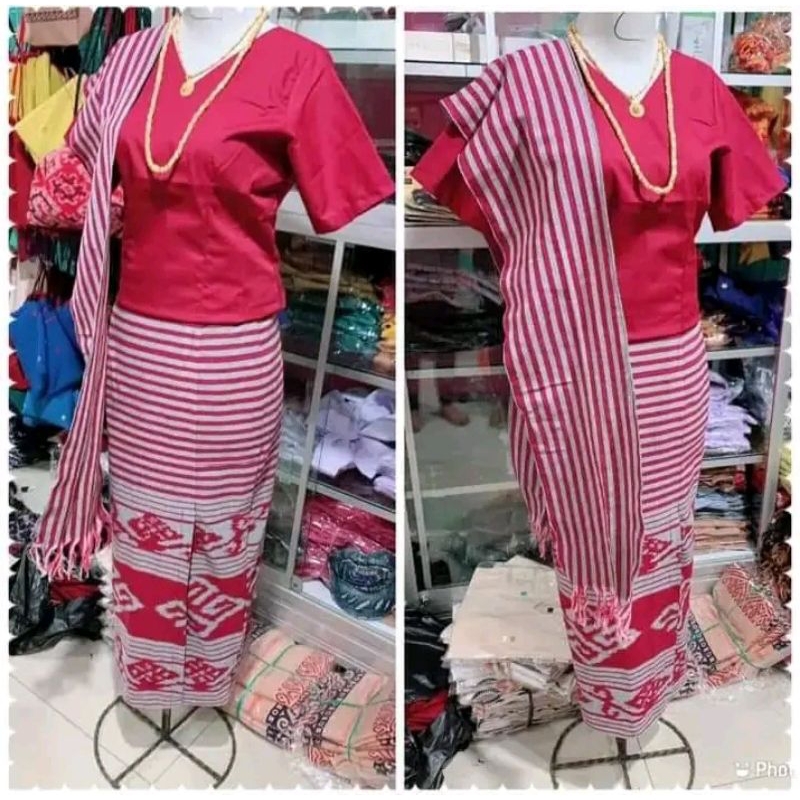 baju setelan wanita adat toraja set tas&slendang baju tenun blanket motif toraja