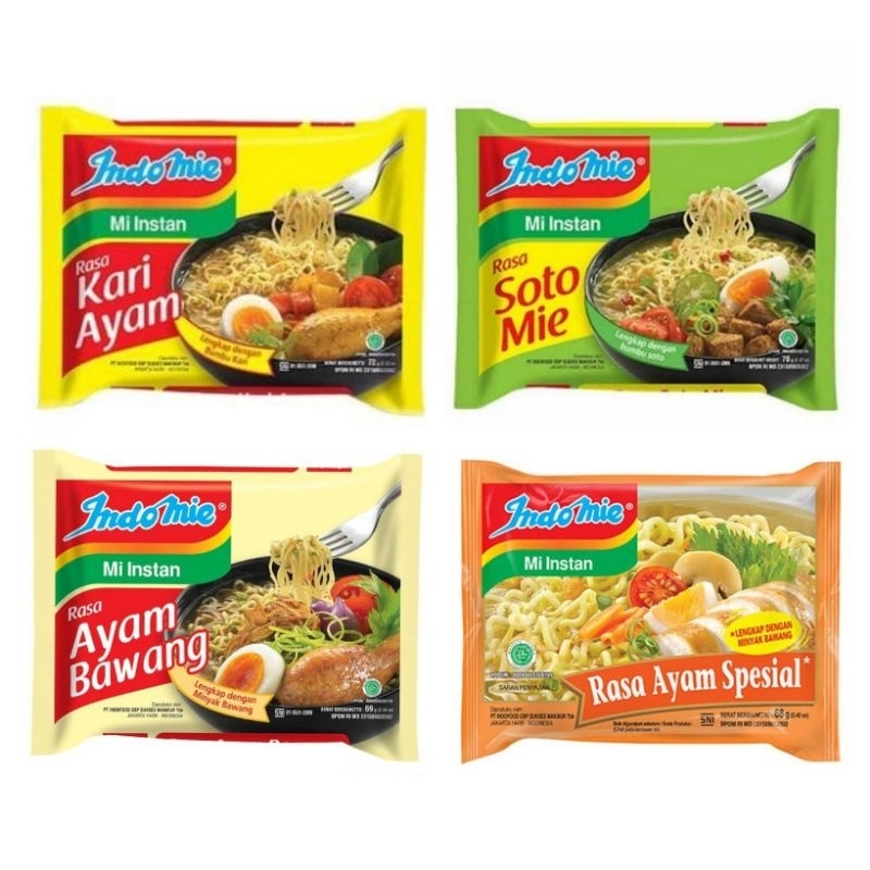 

Indomie Ayam Bawang / Indomie Ayam Spesial / Indomie Kari Ayam / Indomie Soto / Indomie Goreng Aceh / Indomie Goreng Ayam Geprek / Indomie Goreng Rendang / Indomie Goreng Spesial ( satu paket isi 10 bungkus )