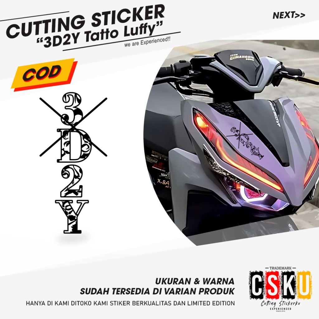 Cutting Sticker 3D2Y Tatto Luffy Variasi Motor Mobil Sticker Anime One Piece Timbul Reflektif