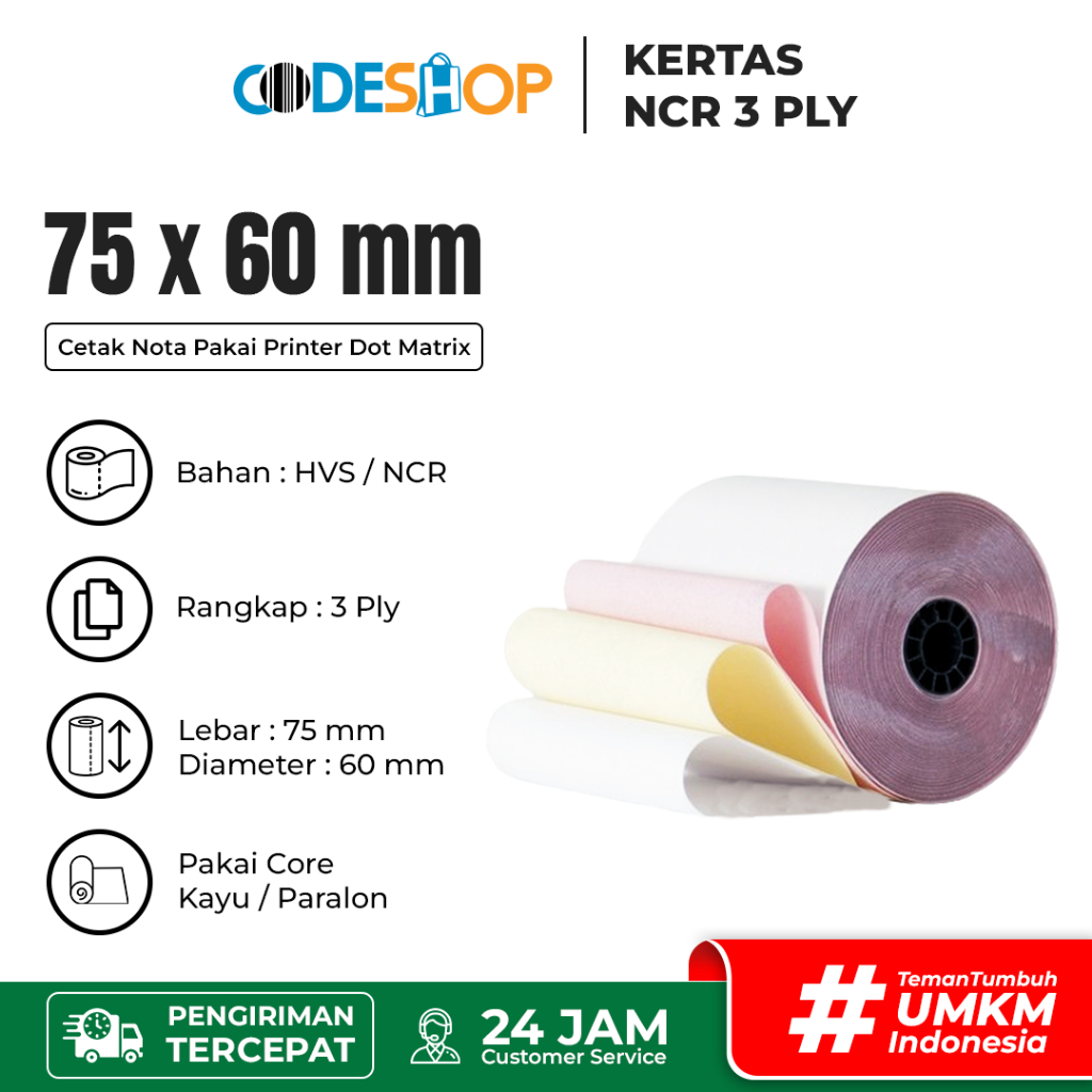 

Kertas Kasir 75x60 mm NCR 3 Lapis Printer Dot matrix Epson Xprinter