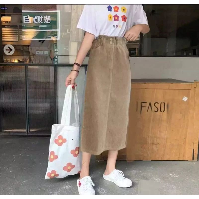 Rok Span Panjang High-Waist Corduroy Wanita Korea,Rok Korea Skirt Model A-Line Corduroy Premium