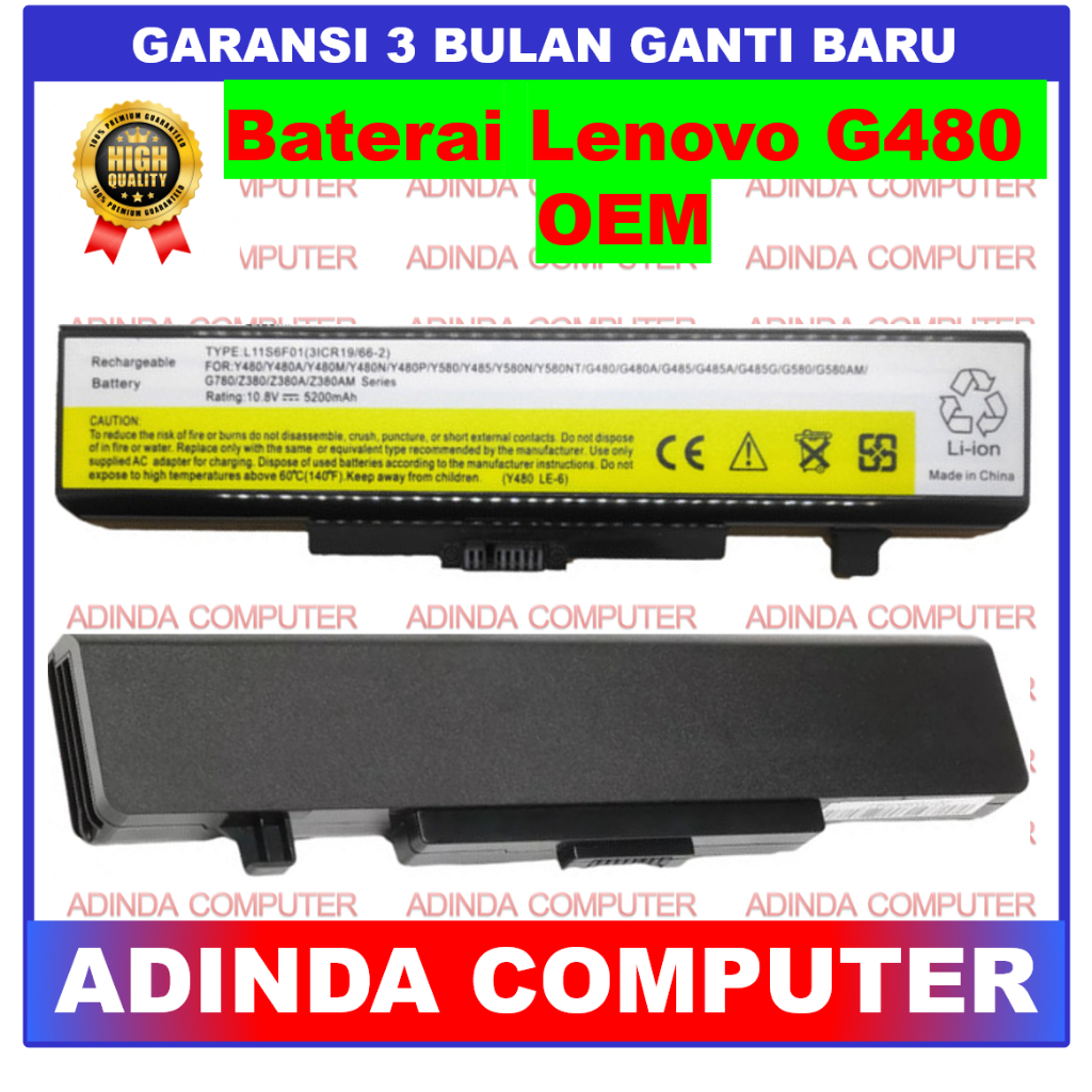 Baterai Lenovo G480 G400 V580 V580c G410 Y480 Y485 Y580 Y480N Y485N Y480P OEM