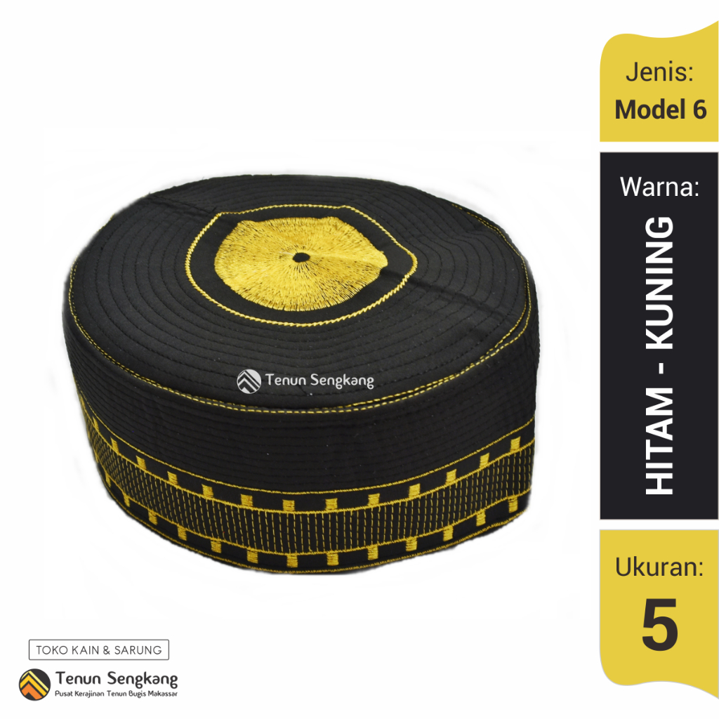 Peci Songkok Kopiah Corak Motif Bugis Makassar Model 6 Hitam Kuning PCA-601