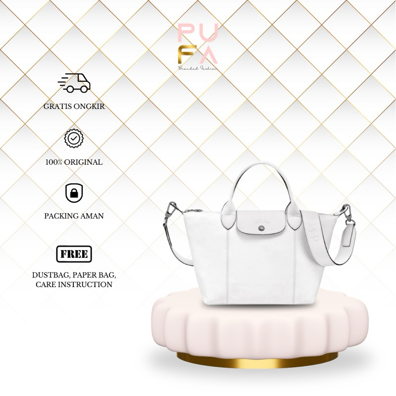 ORIGINAL 100% L Champ Le Pliage Cuir Top Handle Bag S -White