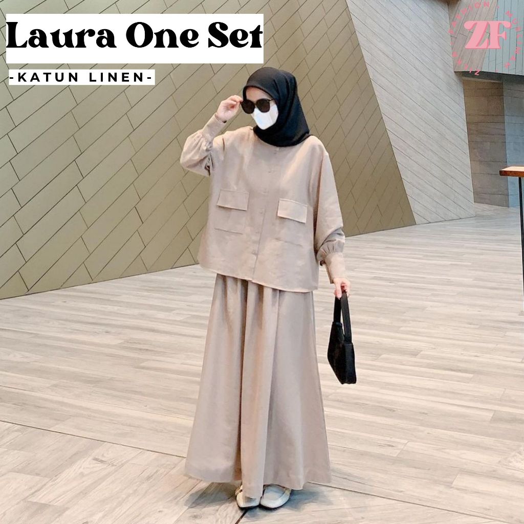 Laura One Set Tunik Rok Wanita Bahan Katun Linen Rami Busui Friendly Outfit Lebaran Muslimah XL LD 1