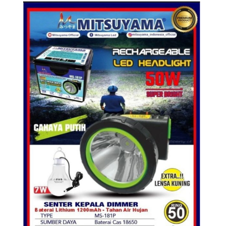 HAKIHOKI Senter Kepala Dimmer LED 50 Watt Headlamp Professional MS-181P Bonus bohlam 7 Watt + Lensa 