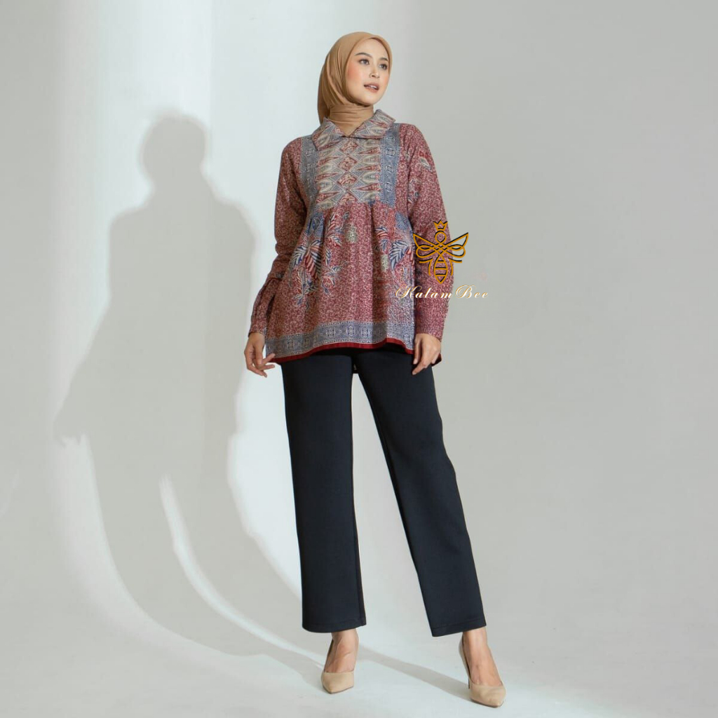 KalamBee.co - EVANGELINE BLOUSE BATIK KERJA CASUAL LURIK WANITA MAROON, DARK GREY, BROWN