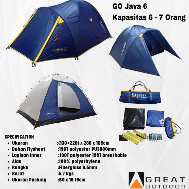 Tendaki Borneo 6 - Great Outdoor Java 6 - Tenda Camping Family Kapasitas 6 Orang Frame Fiber Double 