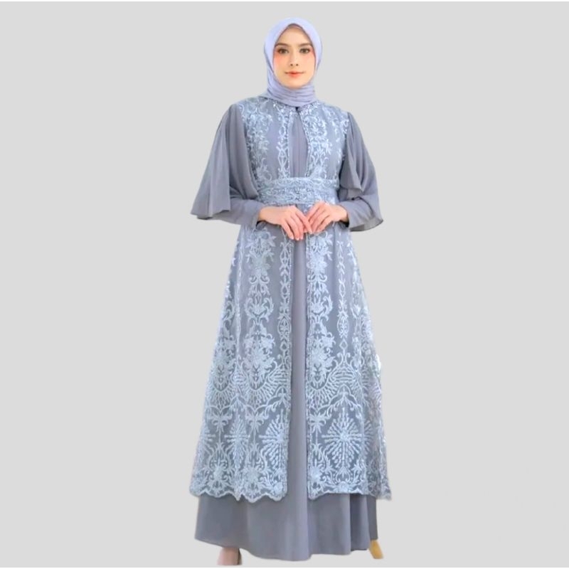 Dress Gamis Putri Tille Mix Ceruty Babydoll Outer Lepas Pasang Ornamen Belt Dan Payetq