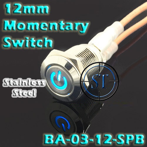 Switch Push ON 12mm Power BIRU Momentary Klakson Stainless Steel Saklar Tombol Tekan Lambang Power O