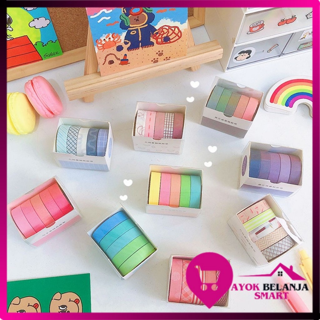 

ABS Roll Masking Tape Set 5 Pcs Essential Collection Basic Pattern Isi 5 Selotip Bahan Kertas Washi Warna Warni DIY Scrapbook Journal Kotak Box Aeshtetic