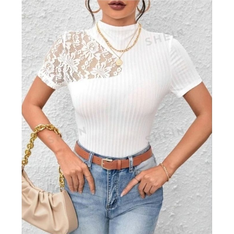 SHEIN Privé Contrast Lace Mock Neck White Tee