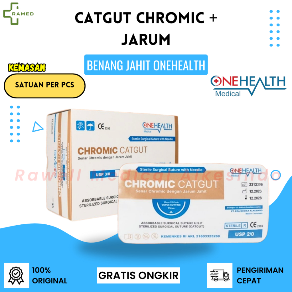 [ECERAN] Catgut Chromic + Jarum Per Pcs / Benang Jahit Chromic Onehealth / Benang Operasi