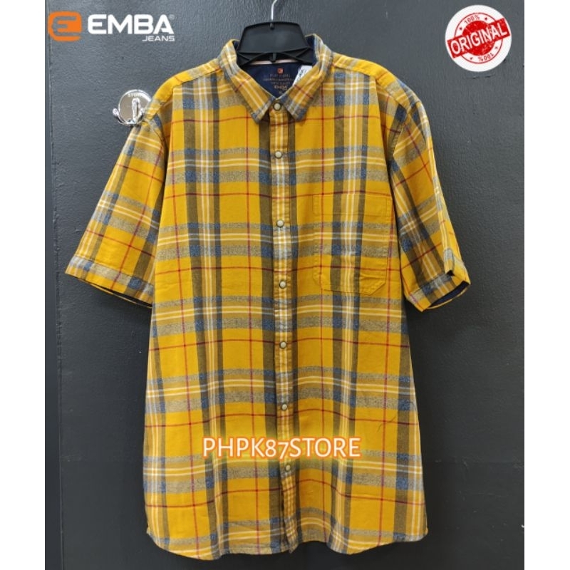 Emba jeans kemeja pendek pria, kemeja pendek garis- garis original premium