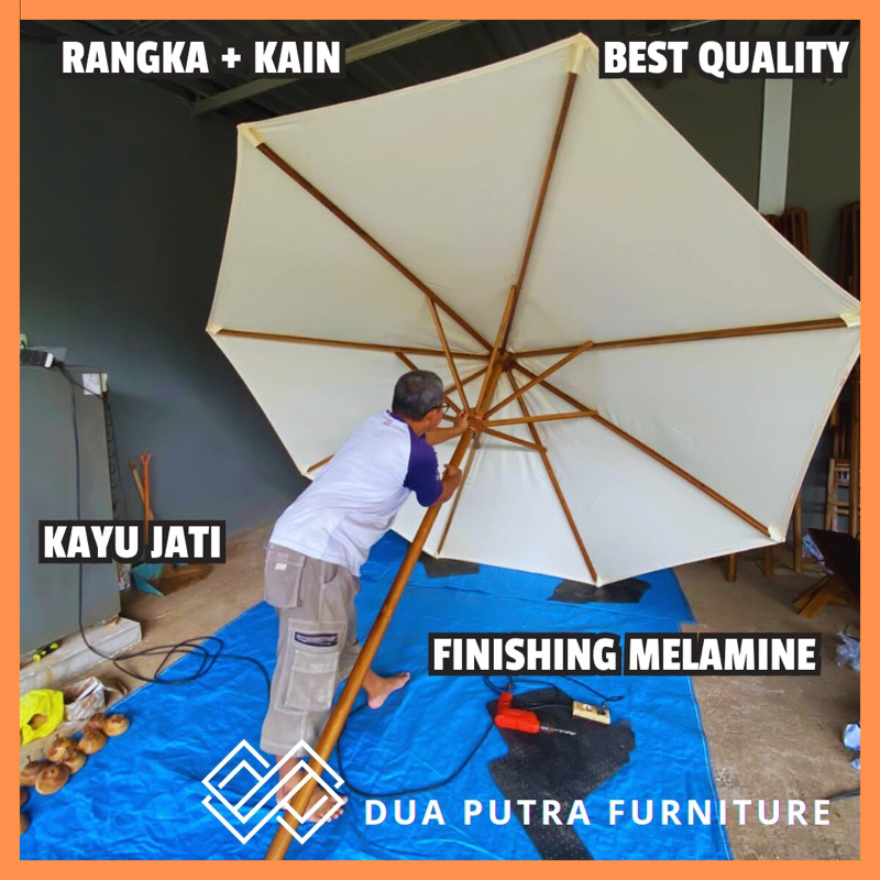rangka payung kayu jati tinggal pakai, payung taman, payung cafe outdoor, tenda payung pantai, payun