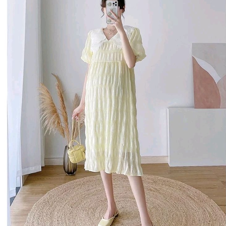 00223 Baju DRESS IBU HAMIL MARVERICA MATERNITY DRES DASTER BUMIL PREMIUM kuning biru polos Korea Kor