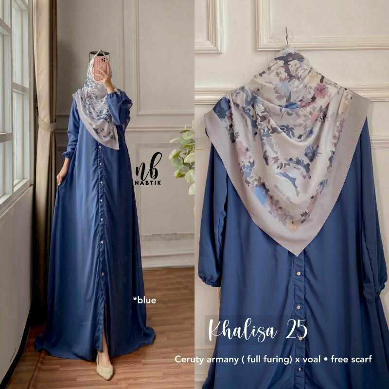 KHALISA #25 SET ORI NABTIK || GAMIS CERUTY POLOS FREE JILBAB MOTIF KEKINIAN TERMURAH