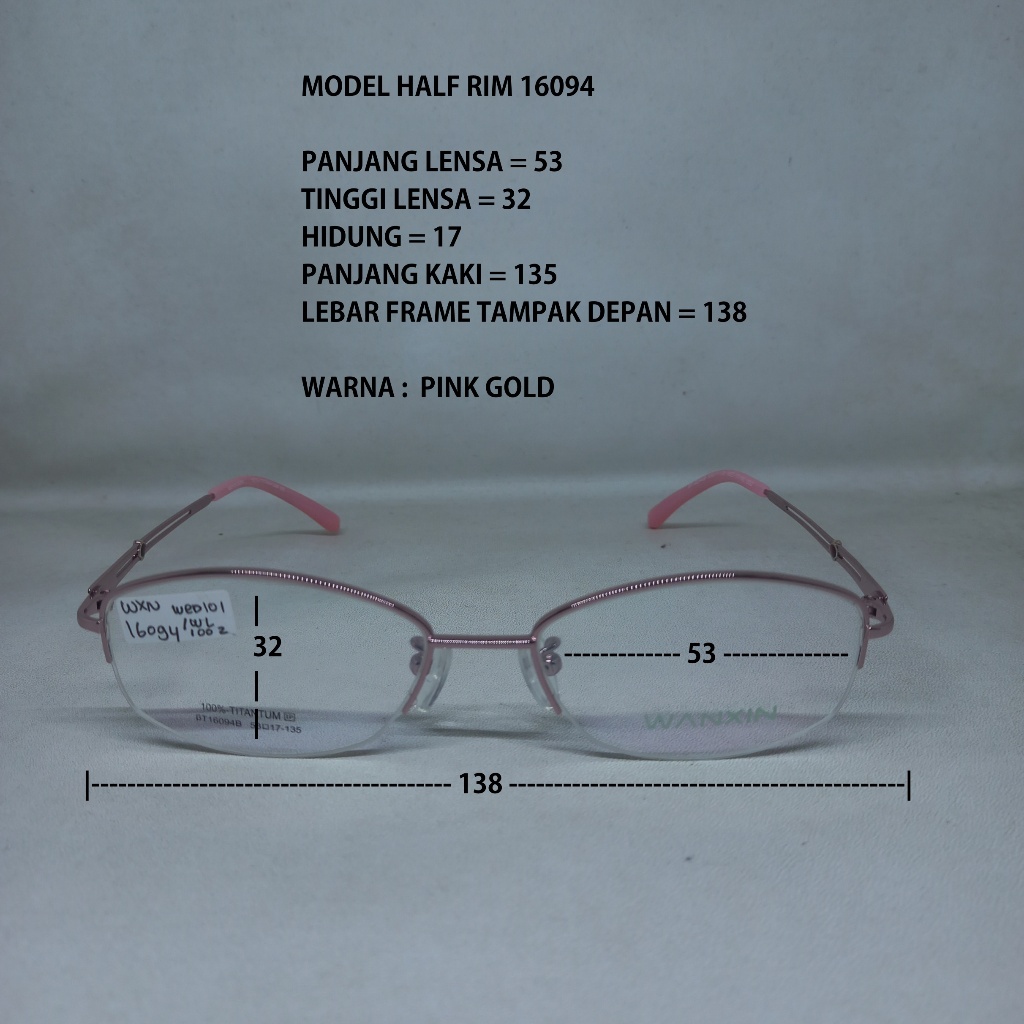 FRAME KACAMATA16094 HALF RIM TITANIUM BULAT CEWEK