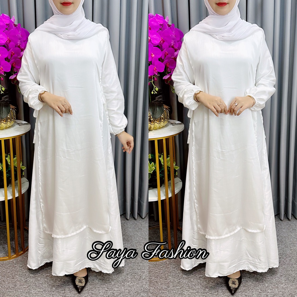 Gamis Putih Satin Shimmer Abaya Baju Muslim Wanita 76331