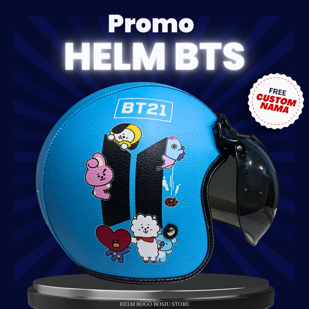 Helm Bogo Motif BTS ARMY K-pop BT21 Biru | Custom Warna Nama | Hlem Retro Klasik Anak Cewek Wanita R