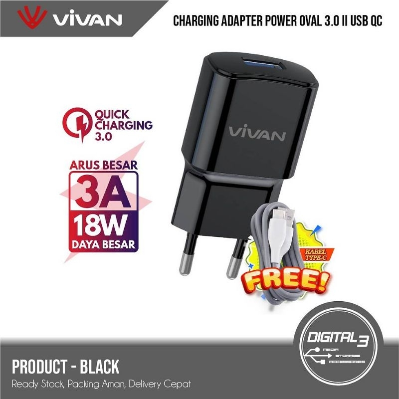TRAVEL CHARGER VIVAN POWER OVAL 3.0 3A 18 WATT FREE KABEL TYPE-C