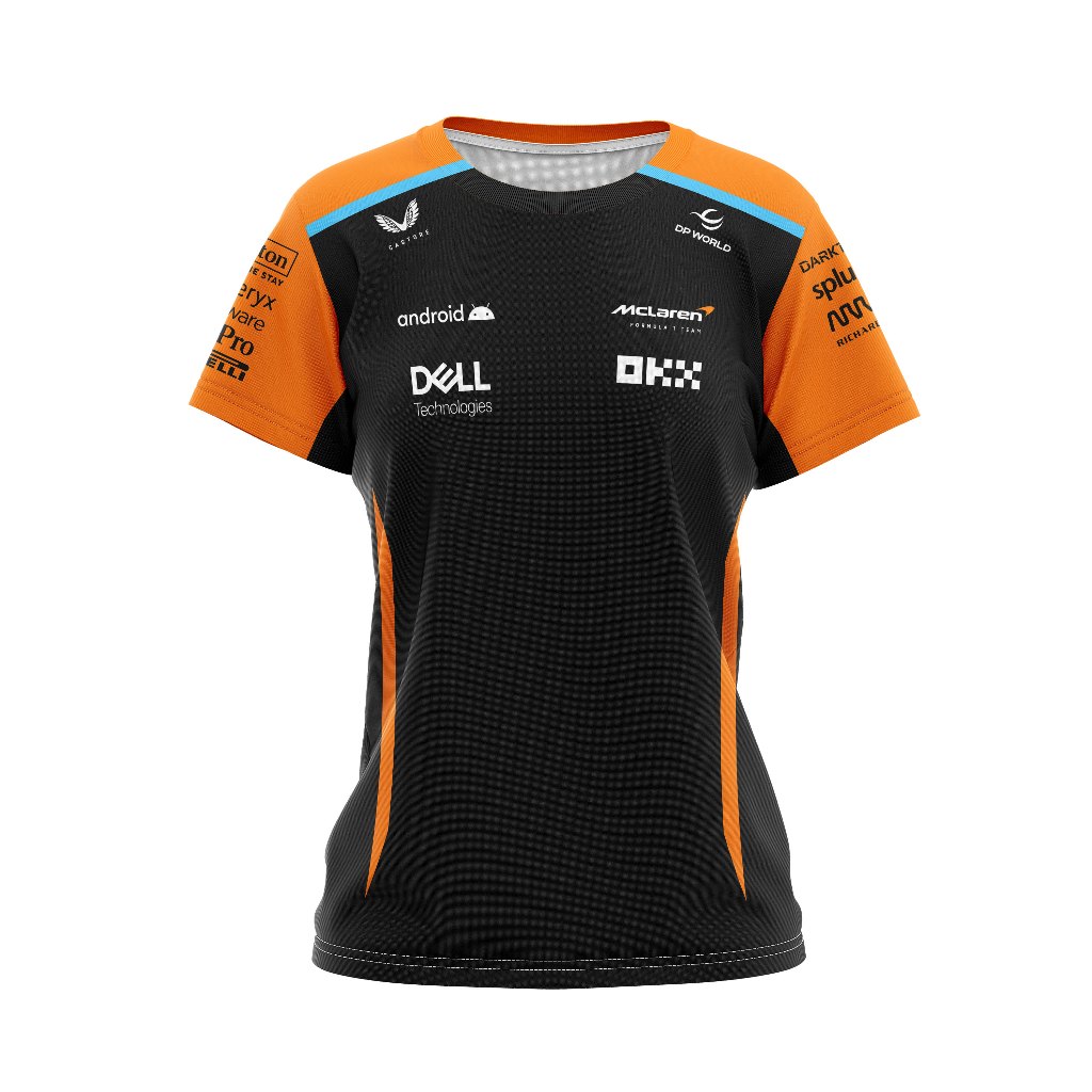 Baju Kaos Tshirt Wanita Jersey Balap F1 2024 Mclaren Hitam & Orange Ver Full Print Custom