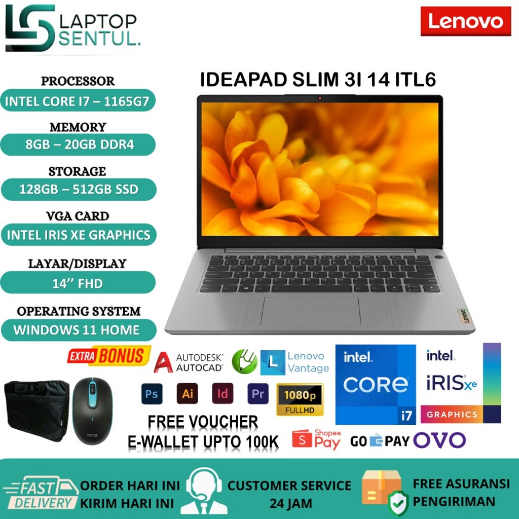 Laptop Lenovo Ideapad Slim 3i 14 ITL6 Intel Core i7 1165G7 RAM 20GB SSD 512GB 14 FHD Windows 11 Original Termurah