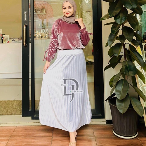 Rok Plisket Bludru Velvet Warna Putih BW //Rok Plisket Desind Rempel