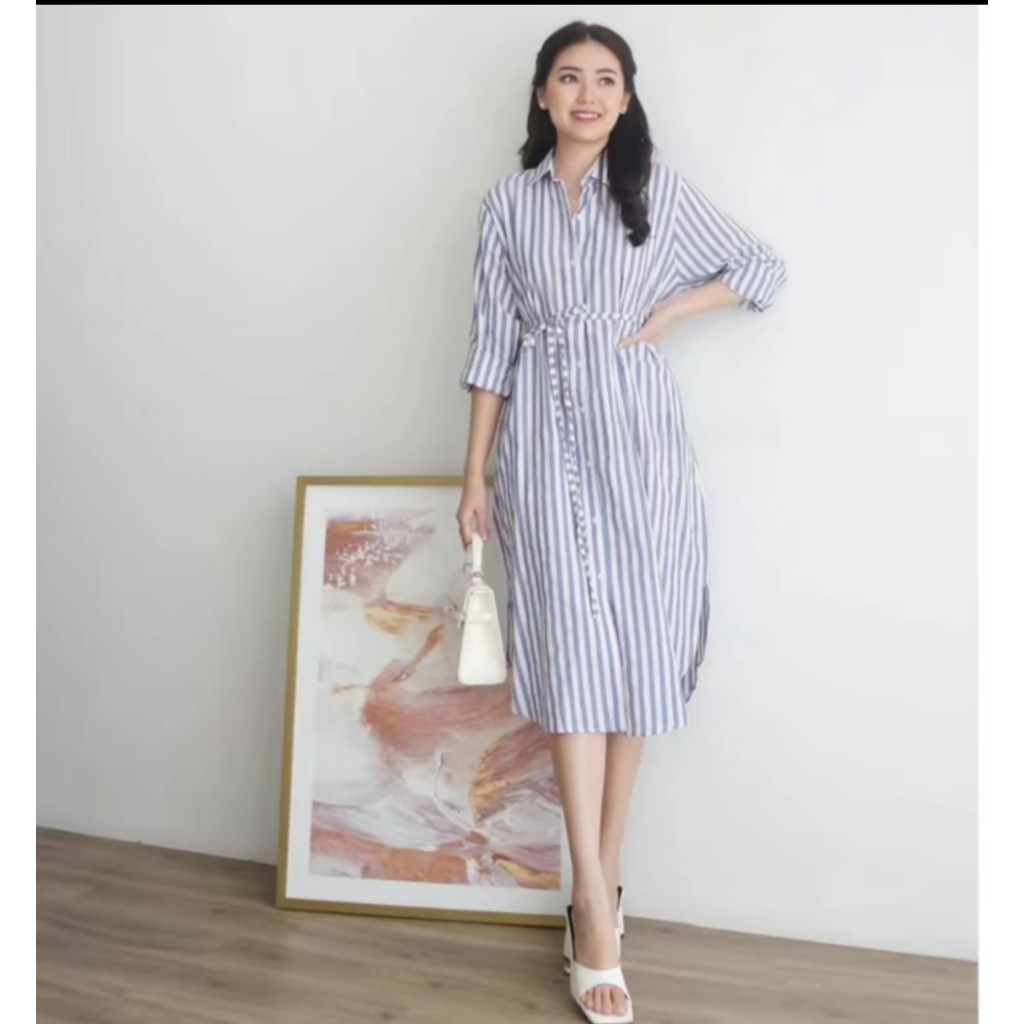 Kemeja Tunik  Wanita Jumbo Stripe Motif Salur Tali Pinggang Bahan Katun Poly Rayon