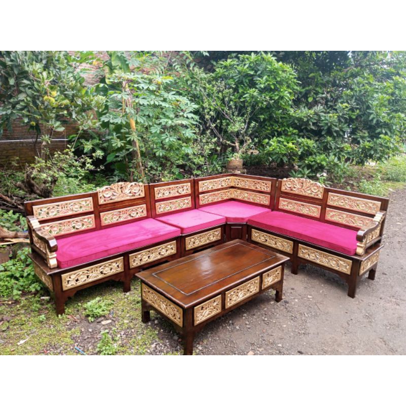 KURSI TAMU SUDUT KAYU JATI | KURSI SUDUT TAMU MINIMALIS JATI| KURSI SUDUT TAMU UKIR KOMBINASI EMAS K