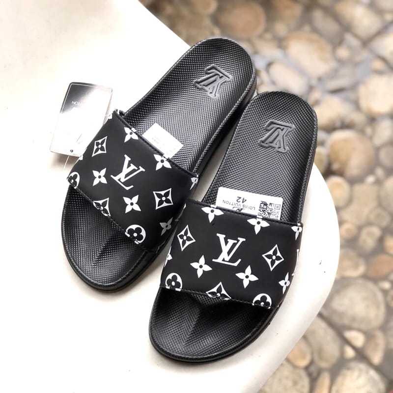 sendal adilete branded lv made in vietnam grade ori high premium quality fullset box / sendal cowok 