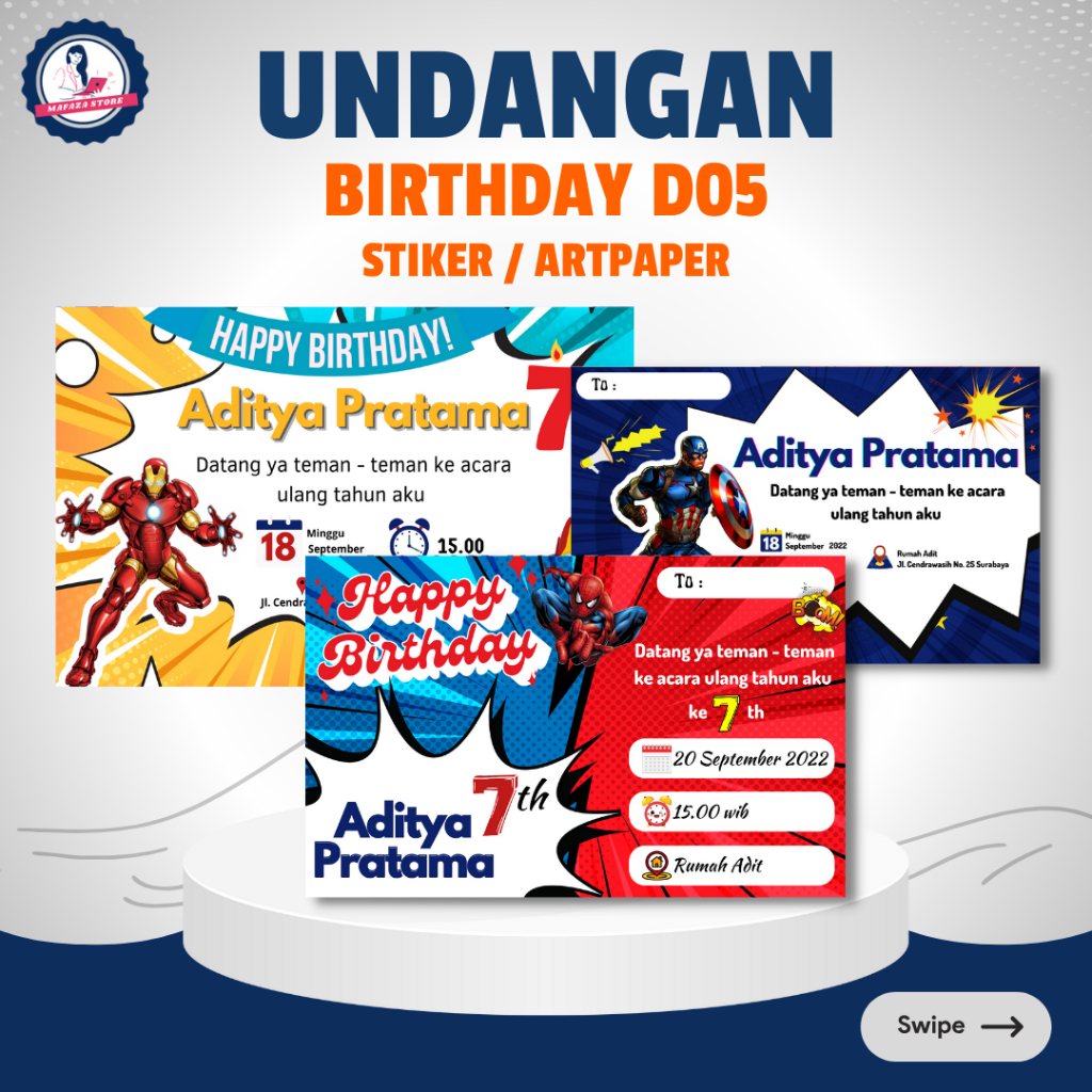 Undangan custom ulang tahun birthday / Stiker kotak makanan / Undangan khitan / spiderman kapten ame